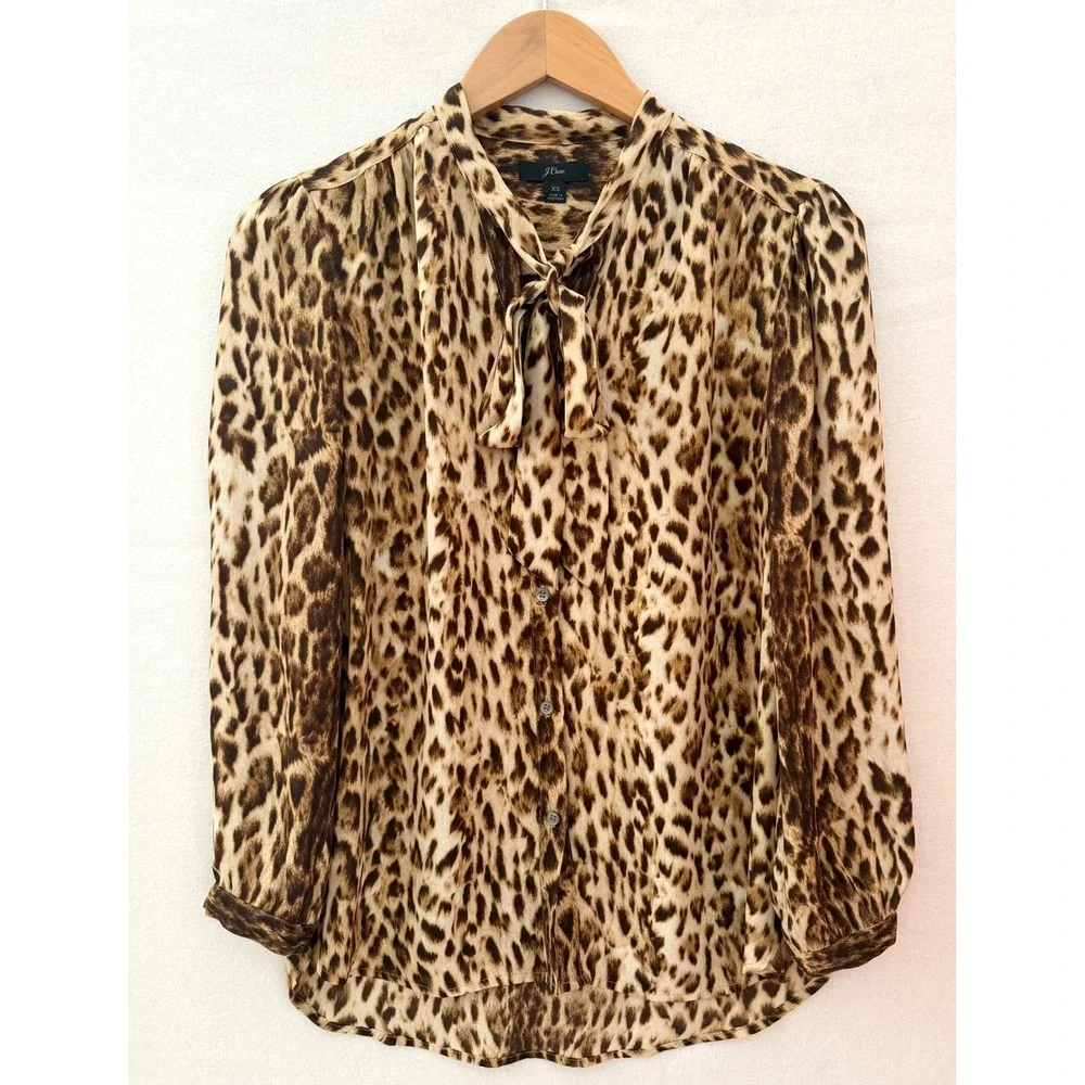 J.Crew Sz XS Tie-Neck Button-Up Blouse in Leopard